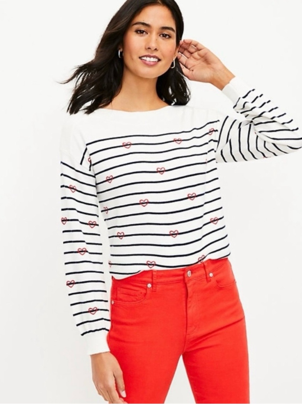 LOFT Cream Navy Striped Sweater with Red Heart Embroidery